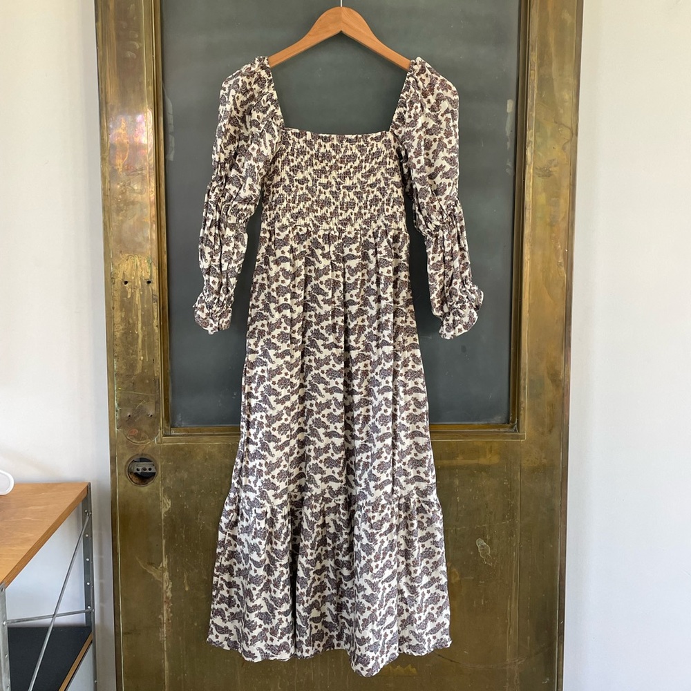 Smocked Square-Neck Midi Dress in Cream with Gray Floral Print - Picture 2 of 8